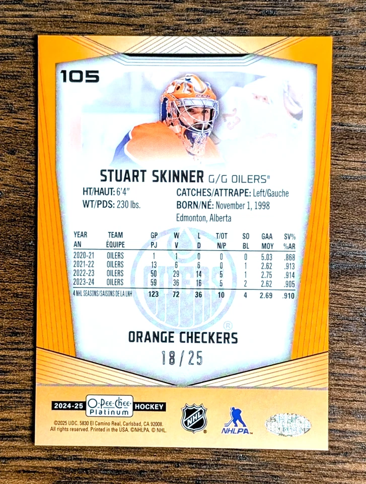 Stuart Skinner 2024-25 Upper Deck O-Pee-Chee Platinum #105 Orange Checkers 18/25 - Image 2 of 2