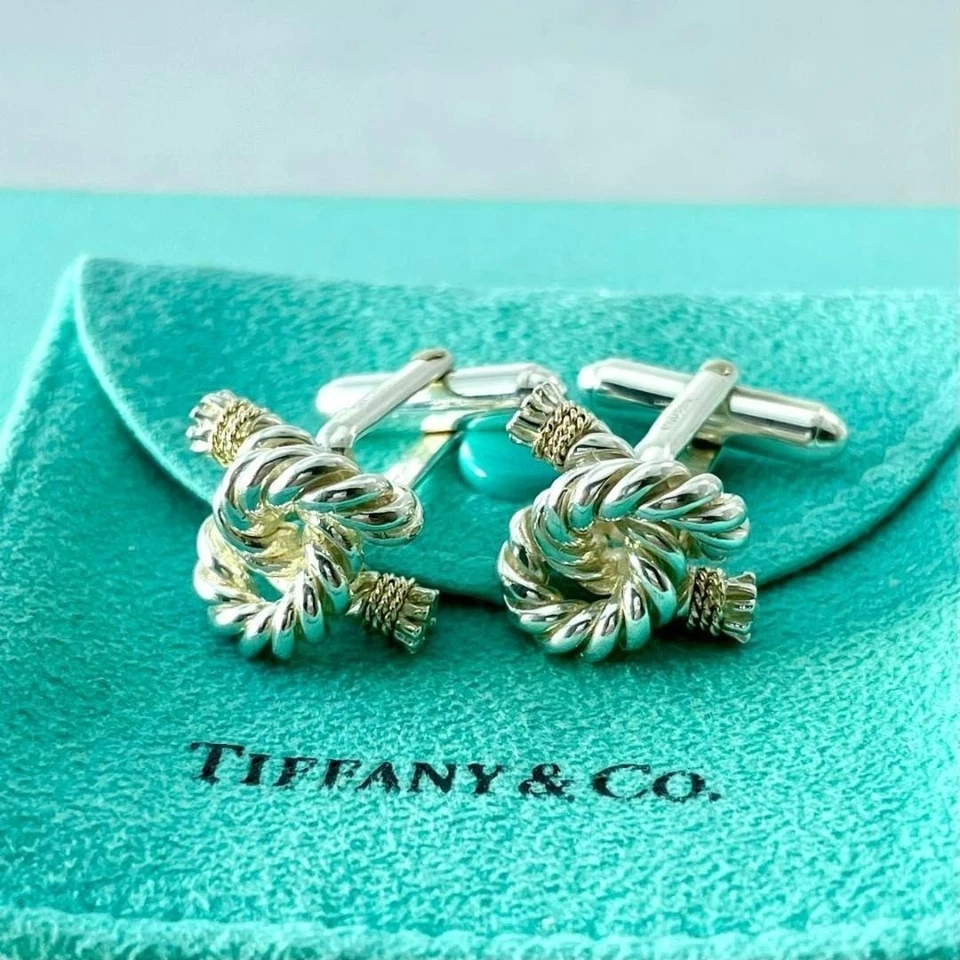 Gemelli vintage Tiffany & Co gemelli oro 14 carati argento sterling 925 corda - Immagine 4 di 4