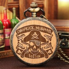 Steampunk Engraved Wooden Skull Design Men's Quartz Analog Pocket Watch Chain