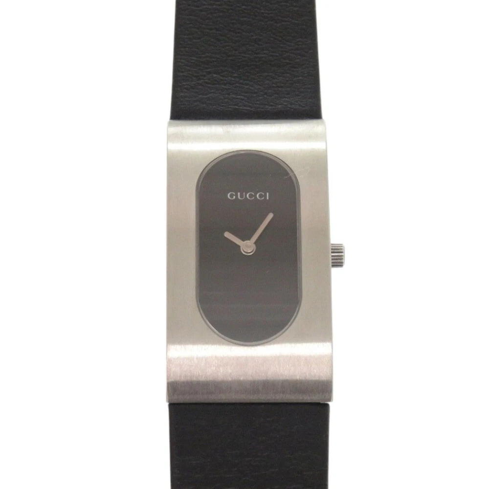 AUTHENTIQUE MONTRE BRACELET GUCCI 2400L noir/argent acier inoxydable/cuir quartz