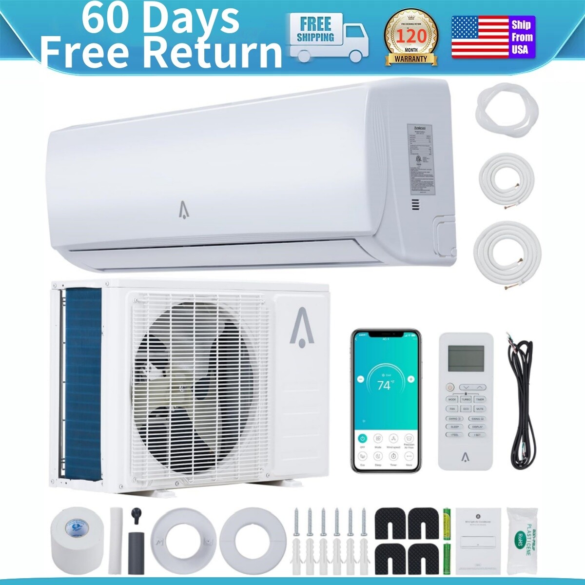 12000BTU Ductless Mini Split Air Conditioner W/Heat Pump 16ft Installation Kits