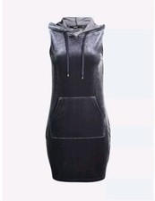 BNWT Womens Grey Crushed Velvet Velour Hoodie Mini Dress Size XS (8) Y2K Style 