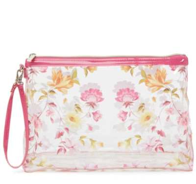 Ted Baker Large Makeup Toiletry Case Womens Pink Floral Vinyl Pouch Clear Bag