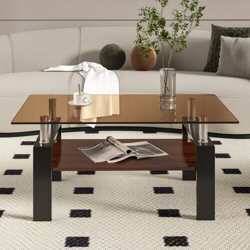 Rectangle Coffee Table Tempered Glass Tabletop MDF Layer Modern Table Brown Glas