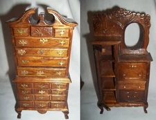 Vtg Doll Wood Bedroom Set Highboy and Chifferobe/Wardrobe/Dresser/Armoire Taiwan