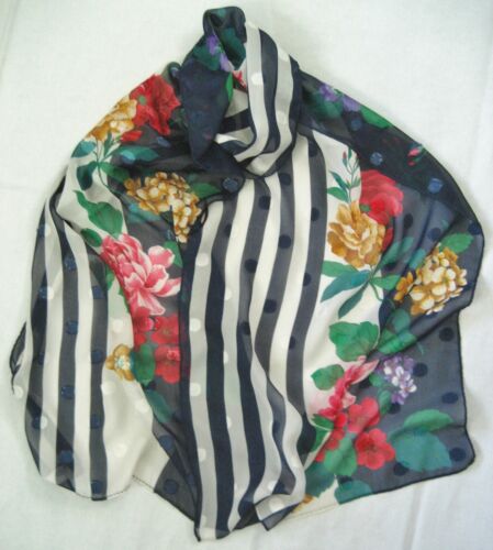 Seidiger Chiffon Schal bunte Blumen mit marineblauen & weißen Streifen 17 x 60" (43 x 152 - Bild 2 von 11