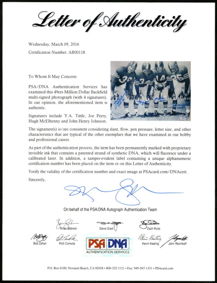 YA Tittle Joe Perry Hugh McElhenny SIGNED 11x14 Photo 49ers PSA/DNA AUTOGRAPHED - Image 2 of 2