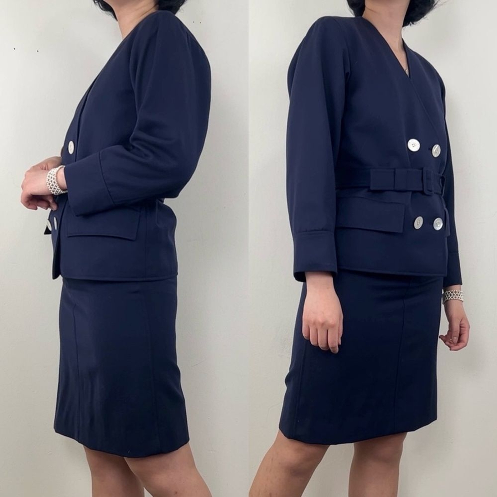 Set completo vintage Yves Saint Laurent blu navy blazer e gonna lana