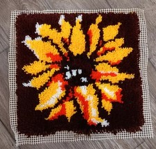 Sunflower Yellow  Brown Latch Hook Rug Or Pillow Canvas 16"x16" Vintage