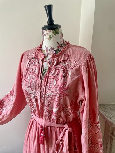River Island Cotton Bouje Boho Peach Pink Floral Embroidered Belt dress 12 £55 - Picture 4 of 10