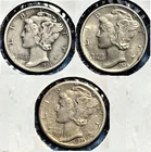 1936 PDS  Set of three Mercury Dimes circulated 90% Silver VF to XF Extra Fine
