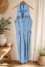 STYLEWE Denim Utility Jumpsuit Sleeveless Button Front Light Wash NWT Size L