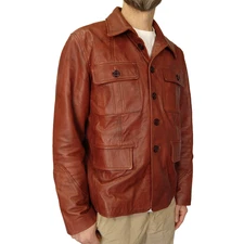 Vintage 70s Retro Leather Jacket Mens Size L Cognac Brown Button Adventure