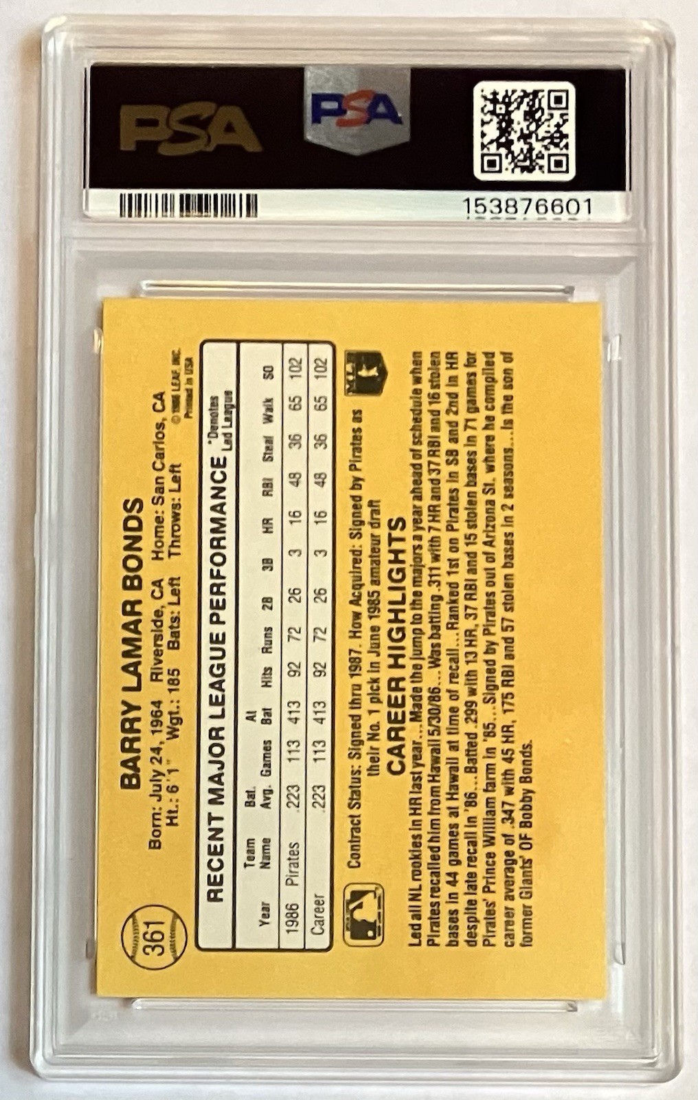 Barry Bonds 1987 Donruss RC # 361  PSA 10 GEM MINT view 2