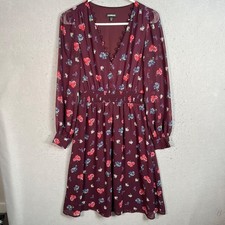 Express Floral Burgundy Long Sleeve V-Neck Dress Womens Size XS