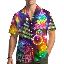 Neon Christmas Hawaiian Shirt Colorful Santa Claus Tree Lights Snowman Aloha Shi