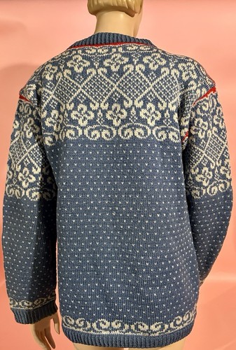 Vtg. Hand Knit Norwegian Wool Pullover Sweater for Light Blue, White & Red - Picture 11 of 13