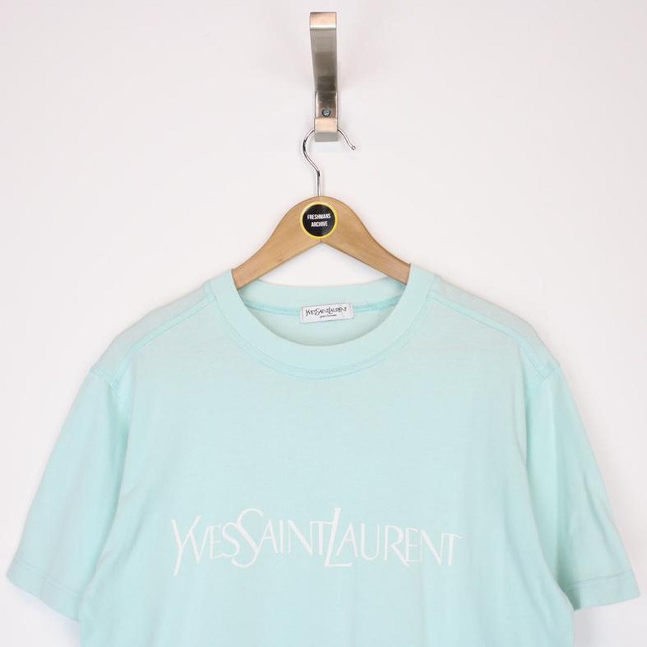 T shirt vintage anni 00 Yves Saint Laurent blu turchese manica corta spellout