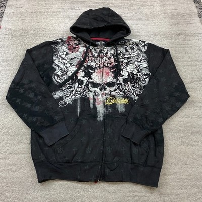 VTG Ecko Unltd Full Zip Hoodie Medium Black Y2K Alt Grunge All Print Skater 90s