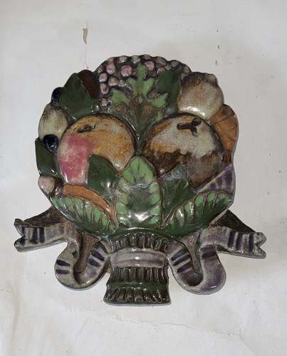 Reclaimed 1920s  Ceramic Majolica  Backsplash “ Bounty “ Medallion  9”x 9”