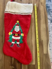 Vintage Red Christmas Stocking With Vinyl Puffy Santa and Christmas Tree 14  