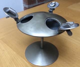 Mid century modernist UFO style metal standing ashtray with 3 flip lid openings