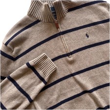 VTG Polo Ralph Lauren Sweater Men Large Gray Navy Striped Pullover Quarter Zip