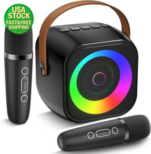 Mini Karaoke Machine Portable Bluetooth Speaker w 2 Wireless Mics LED Lights