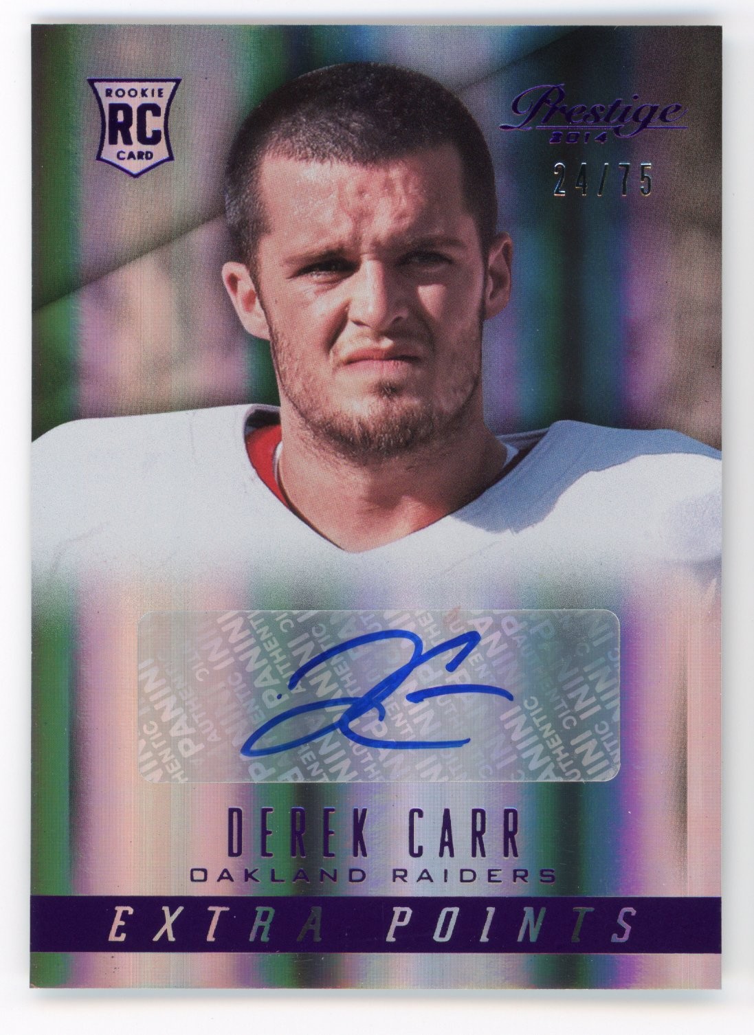 2014 PANINI PRESTIGE #231 DEREK CARR AUTO /75 RC EXTRA POINTS PURPLE ROOKIE