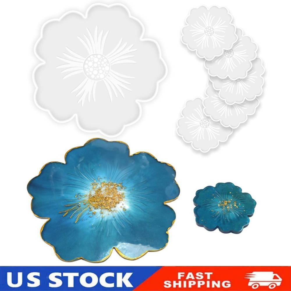 1PCS Large Flower Resin Tray Mold with 5 Coaster Molds for Casting
