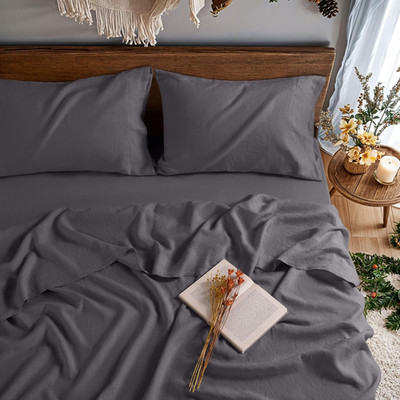 Luxury 100% French Linen Full Bed Set - 4 Pcs Deep Pocket Dark Gray