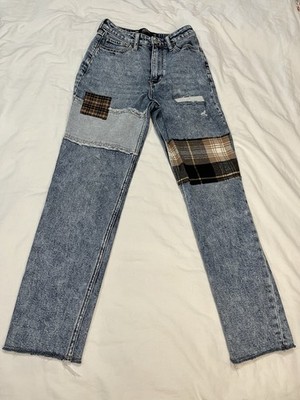 Hollister Ultra High Rise Mom Jeans W23 L27 Acid Wash Vintage Stretch Patchwork