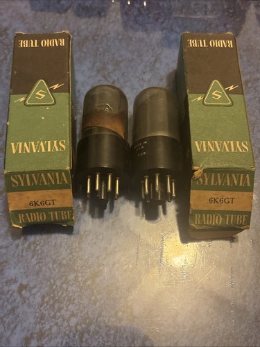 Pair RCA Antique Radio Smoked Glass 6K6 GT Tested Tubes Green Sylvania Boxes