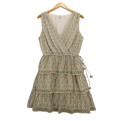 Max Studio Floral Tiered Mini Dress Sleeveless V-Neck Drawstring Waist Large