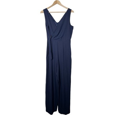 Donna Ricco Navy Blue Sleeveless Wrap Front Wide Leg Jumpsuit size 10 B120
