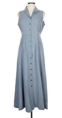Vintage August Silk Dress US 10 Blue Collared Button Up Sleeveless 100% silk