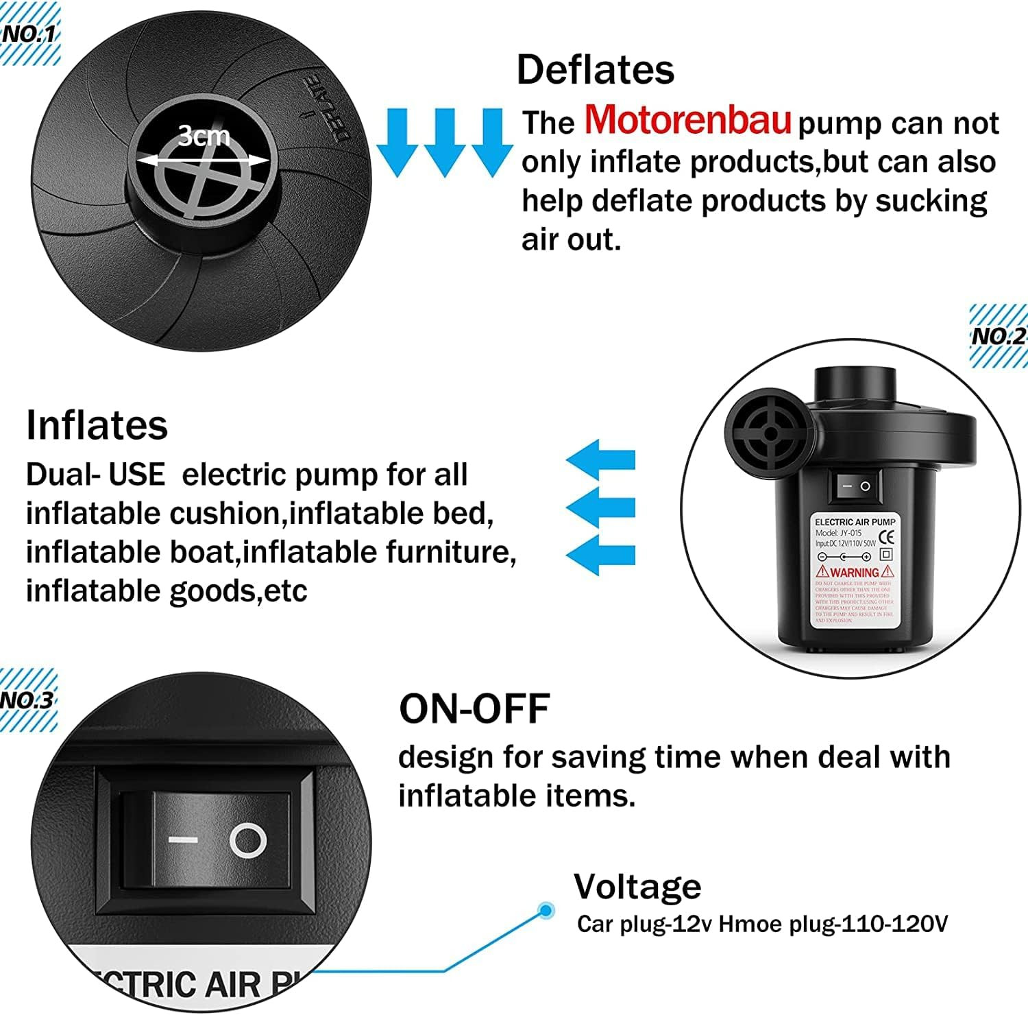 Electric Air Pump for Inflatables,Portable Quick-Fill Air Pump with 3 Nozzles,11