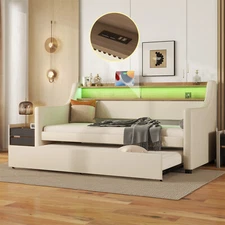 Twin Size Daybed Upholstered Daybed with Trundle&Charging Station and LED Lights