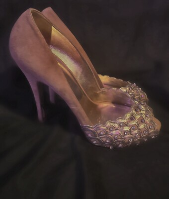 VALENTINO GARAVANI Peep Toe Beige/Silver  Swarovski Crystal Women Size 39½