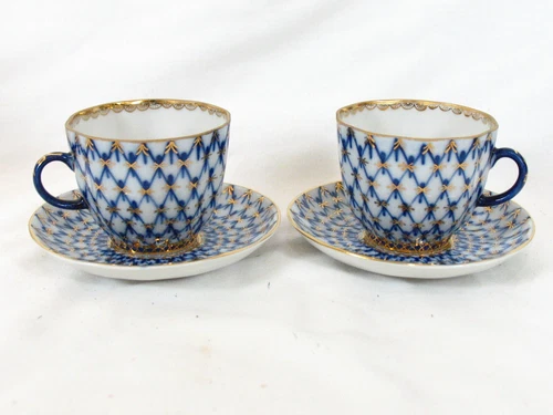 2 Lomonosov USSR Teacups and Saucers Imperial Porcelain Blue Gold Net