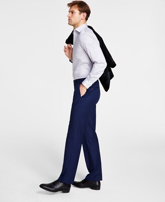 Michael Kors Mens Classic Fit Flat Front Dress Pants Navy Blue Plaid 34 x 30