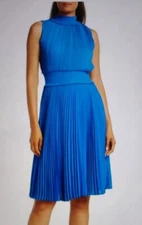 NANETTE LEPORE BLUE COLBAT ACCORDION PLEATED SMOKED WAIST SLEEVELESS DRESS SIZE