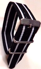 New Fits any 22mm Black w/White Stripes Nylon Simple  Easy Pass Thru Watch Band