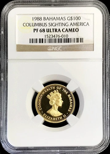 1988 GOLD BAHAMAS 854 MINTED PROOF $100 COLUMBUS SIGHTING AMERICA NGC PF 68 UC