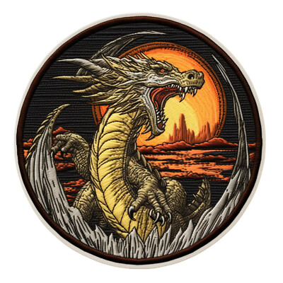 Mythical Dragon Patch Iron-on Applique Medieval Badge Crest Sword Myth Legend 