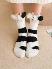 Cartoon Cow Design Fuzzy Crew Socks for Women Cute Socks Novelty Socks Fun Socks