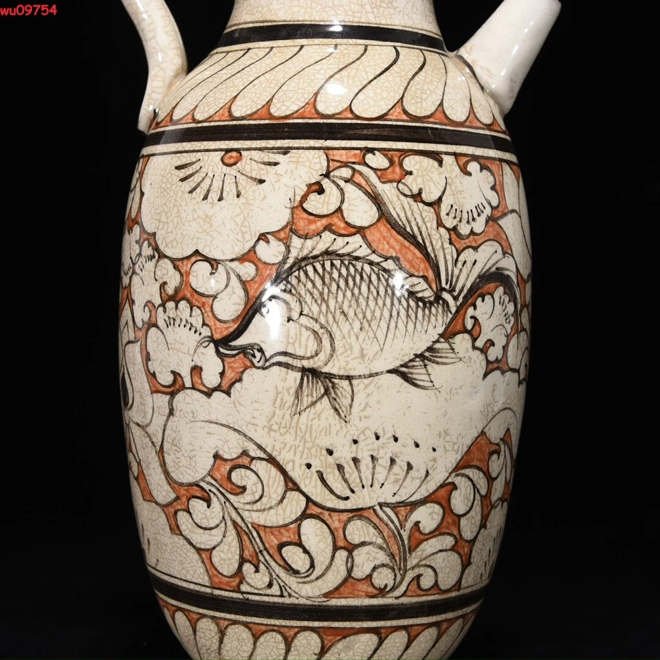 Antiguo horno Cizhou dinastía china Song de 12,4 "con maceta con patrón de pescado de colores Foto 3 de 4