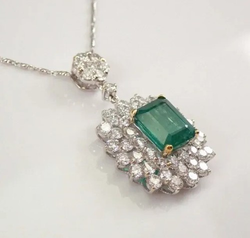 3Ct Emerald Cut Simulated Green Emerald Engagement Pendant 14K White Gold Plated - Picture 2 of 5