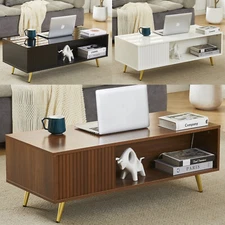 COSVALVE LED Coffee Table Rectangle Cocktail Table w/ Storage Walnut/Black/White