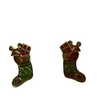 Christmas Stocking Gold Tone Metal Earrings Red Green Enamel Pierced Studs